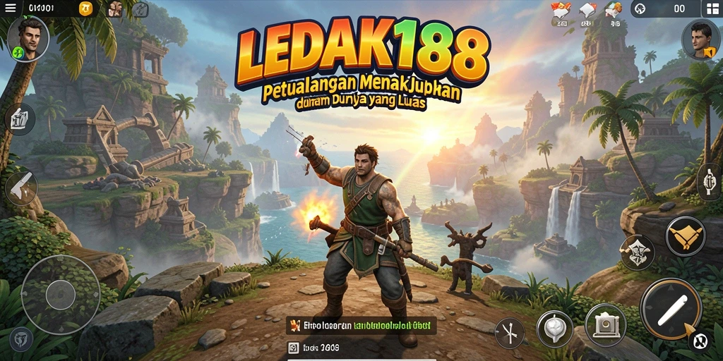 Tampilan gameplay <strong>LEDAK188</strong> yang menarik dengan latar dunia petualangan.
